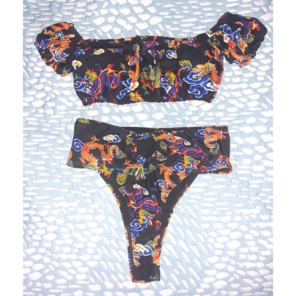 NWOT SHEIN Black Dragon Print Off-Shoulder Ring Detail High Waisted Bikini Set - Picture 8 of 13